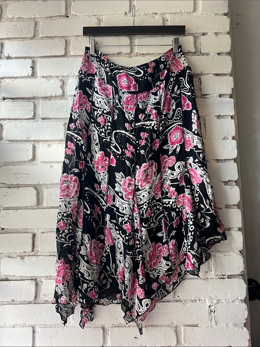 Black & Pink Floral Asymmetrical Handkerchief Skirt waistband with pleats